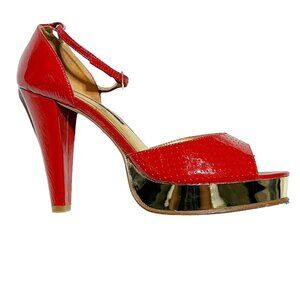 Laundry by Shelli Segal Patent Platform Open Toe Heels Red Gold